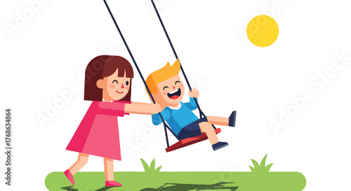 Joyful Girl Pushing Boy On Swing During Night Under The Glorious Moon