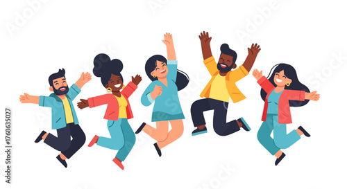 Joyful Group Of Diverse People Celebrating With Raised Arms Against A Black Backdrop