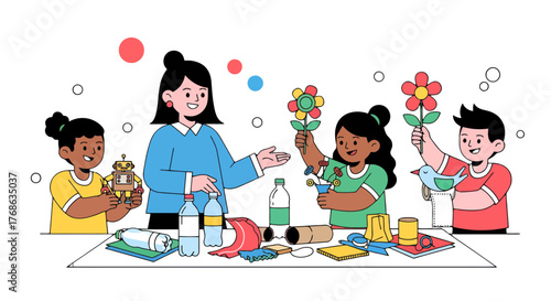 Inspiring Creativity: Children Constructing Crafts with Recycled Materials in Workshop