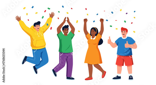 Joyful Group Of People Celebrating Victory With Colorful Confetti Falling Down