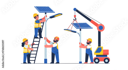 Installing Sustainable Solar Streetlights with Engineers and Equipment, Illustrative Design