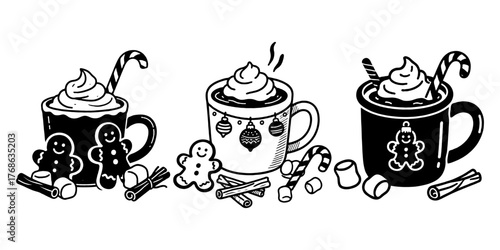 Three festive mugs with whipped cream, candy canes, gingerbread cookies, cinnamon sticks, and marshmallows in hand-drawn style on white background