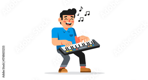 Joyful Musician Playing Keyboard, Singing Notes, Isolated on Black Background Alone