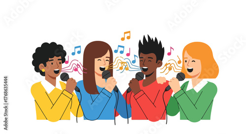 Joyful Quartet Singing Together Creating Melodic Resonance Surrounded By Musical Notes