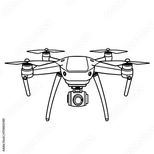 Detailed Black Outline Quadcopter Drone with Camera Gimbal Illustration on White Background
