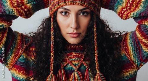 Vibrant Rainbow Striped Knit Hood Creates Dramatic Frame Around Young Woman's Contemplative Portrait
