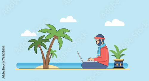 Man working remotely on tropical island with laptop