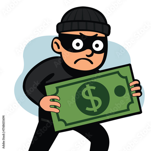 Cartoon thief holding dollar bill