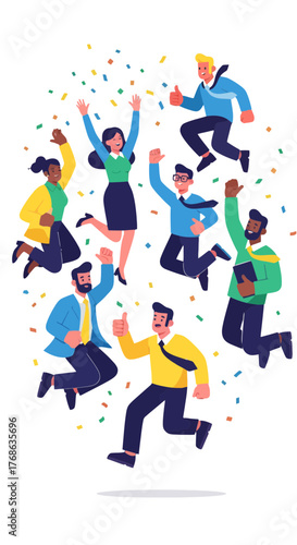 Joyful Team Celebrate Success, Happiness, and Achievement with Colorful Confetti on Black Background