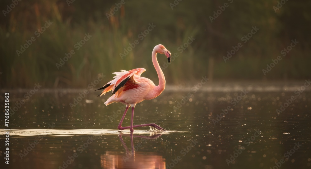 Fototapeta premium Greater flamingo walking through shallow water with its wings partially open. Beautiful wild bird in natural environment. Wildlife, nature concept.