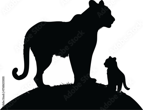 Minimal silhouette of mother tiger with cub isolated vector, Mother tiger with cub silhouette minimal wildlife vector, Tiger family black silhouette isolated on white background