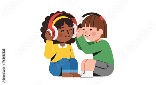 Joyful Companions Sharing Secrets While Listening Songs on Headphones Illustration