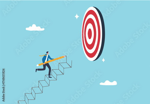 Build stair to reach target, career success or progress to achievement, business goal or future succeed, effort to grow career path concept, businessman use pencil to draw stair step to reach success.
