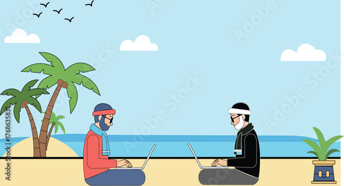 Man working on laptop on beach with palm trees and blue sky background