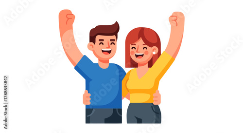 Joyful Couple Celebrates Success With Upraised Arms on Dark Background