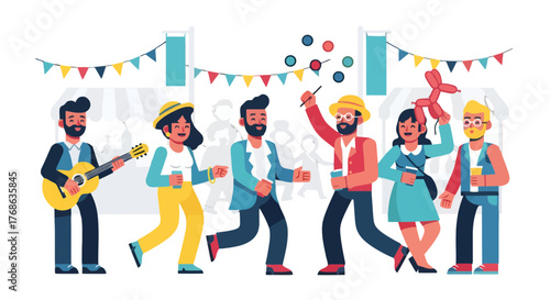 Joyous Festive Gathering Illustration With Musicians, Beverages, and Balloon Animals
