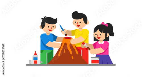 Kids Creating A Volcano Model Together With Paints And Constructive Group Work