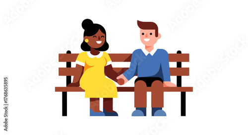 Joyful Couple Holding Hands on a Bench in an Evening, Smiling Together with Love