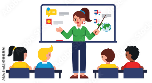 Language Teacher Teaching Children In Classroom Setting With Learning Tools