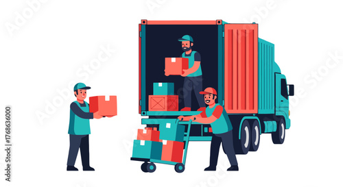 Logistic Crew Load Cargo Packages Into Transport Truck Delivering Products Worldwide