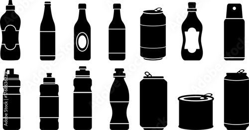 Milk and juice bottle silhouette set, including plastic jug and glass bottle icons. Ideal for dairy packaging design, grocery branding, and beverage logo concepts.