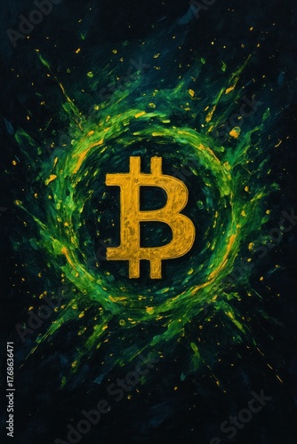 Golden bitcoin symbol glowing amid swirling energy and light explosion