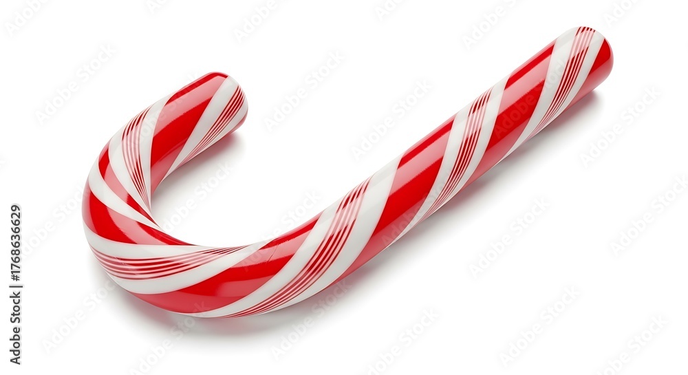 Fototapeta premium A classic red and white striped candy cane is isolated on a white background.