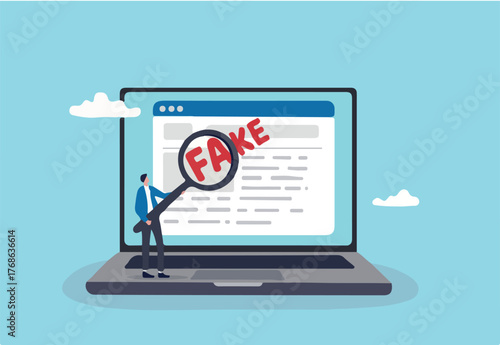 Fake news or false information spreading on website and social media, screening or verify truth before sharing or believe concept, man with magnifying glass verify fake news on website on computer.