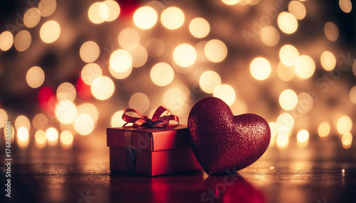 Sparkling red heart ornament beside elegant gift box surrounded by dreamy golden bokeh lights creating romantic holiday atmosphere