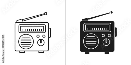 Radio icon, black and white outline and filled versions