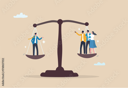 Full time or contractor decision, worker or employee equality, salary or wages pay check, responsibility, staff capability judgement, efficiency concept, business people balance on scale.