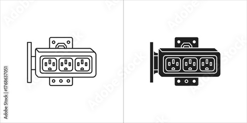 Line art and silhouette of a wall mounted power strip with three outlets