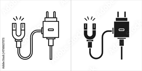 Two icons of a magnetic charger and a power adapter, one in outline and one in solid black