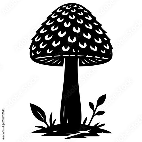 Minimalist black silhouette of a forest mushroom with a scaly cap, tall stem, and visible gills, growing among leaves on a clean white background—ideal for logos, decals, and nature-themed design.