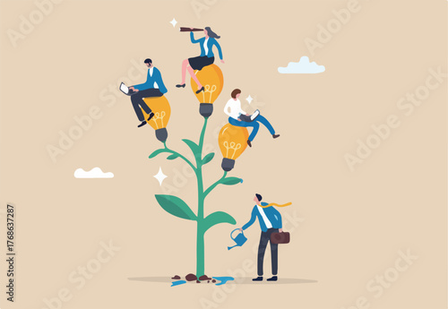 Career development planning, manager assist or coaching for career growth, mentor or support to help employee growing, improvement, businessman watering growing plant with employee career growth.