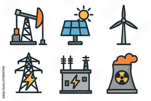 Colorful set of six energy icons featuring oil pump, solar panel with sun, wind turbine, electrical tower, substation, and nuclear plant with radiation symbol.