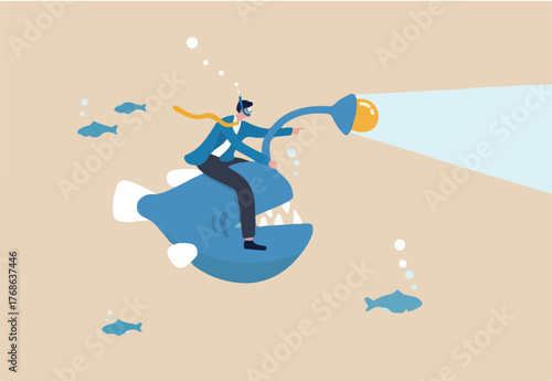 Business discovery, spotlight to guide success direction to find new opportunity, deep dive analysis or leadership challenge way, businessman riding angler fish with spotlight to search for success
