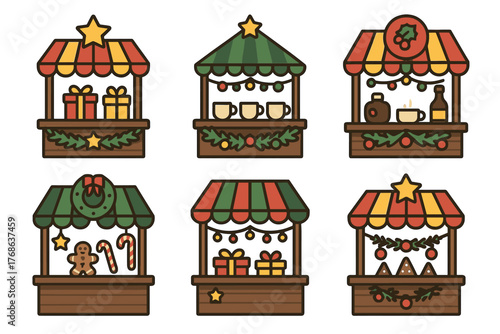 Festive market stalls with colorful awnings displaying holiday-themed items like gifts, mugs, and gingerbread under decorative garlands and stars.