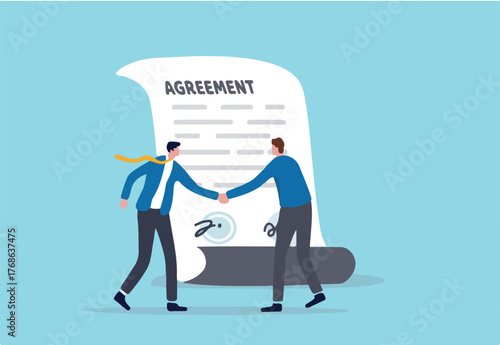 Business deal, agreement or collaboration document, contract or success negotiation, executive handshaking concept, businessman partner people shaking hand after signing business agreement document.