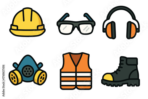 Colorful icons of essential safety equipment including a hard hat, safety glasses, earmuffs, respirator mask, safety vest, and protective boot.