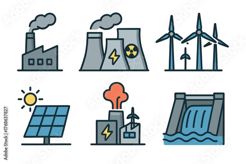 Illustrated icons of diverse energy sources including factories, wind turbines, solar panels, and a hydroelectric dam, each depicting different power generation methods.