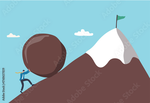 Perseverance, grit or persistence to push effort to success, resilience and strength to keep pushing and achieve goal and success concept, ambitious businessman pushing heavy boulder to mountain peak.