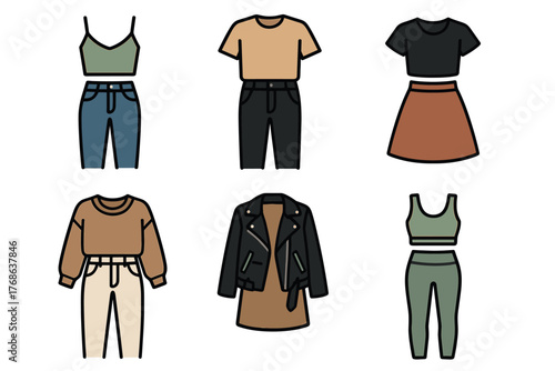 Six illustrated sets of casual fashion outfits, including tops, pants, skirts, and a jacket, showcasing diverse modern clothing styles.