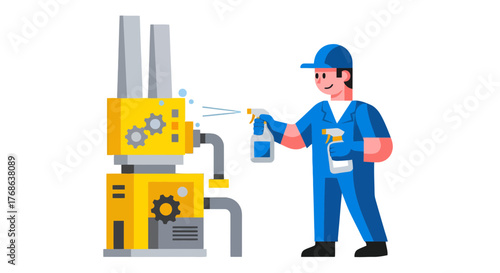 Machine Sanitation Process Depicted With A Worker Applying Cleaner To Industrial Gear