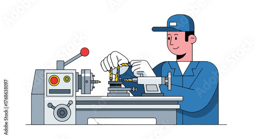 Machine Operator Working On A Lathe In A Modern Graphical Flat Illustration Style