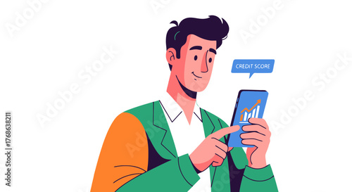 Man Checking Credit Score On Smartphone Demonstrating Financial Analysis and Planning
