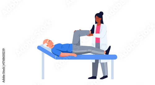 Medical Professional Conducting Knee Examination to Elderly Patient on Examination Table