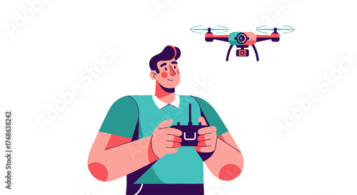 Man Controlling Drone: Futuristic Technology And Aerial Photography Concept Illustration