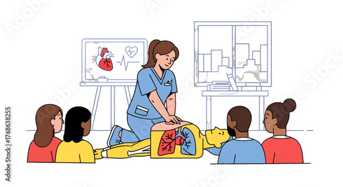 Medical Professional Demonstrates Cardiopulmonary Resuscitation Technique with Anatomical Model