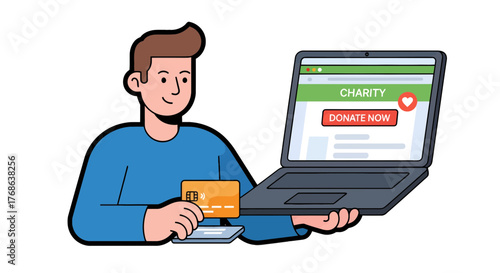 Man Donating Online Using Credit Card to Charity with Laptop Illustration